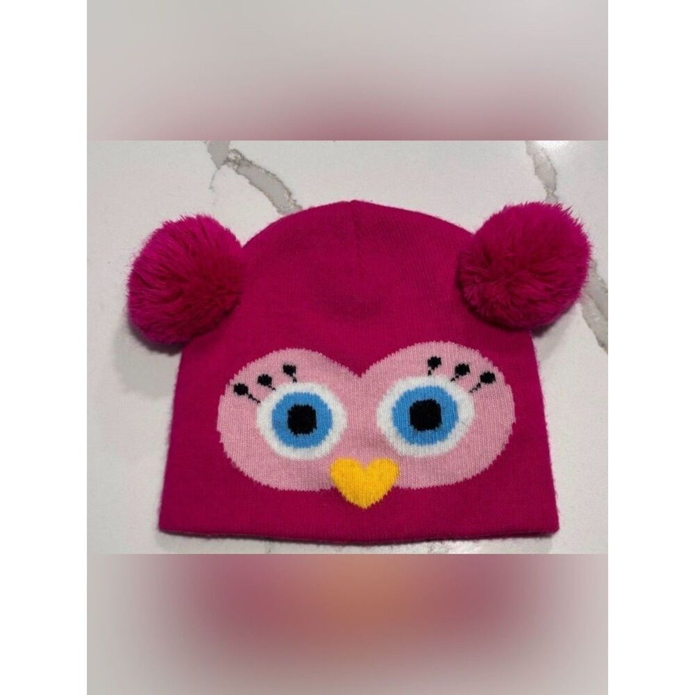 Pink Owl Face Winter Knit Snow Hat Beanie with Pom Pom Ears OSFM Youth